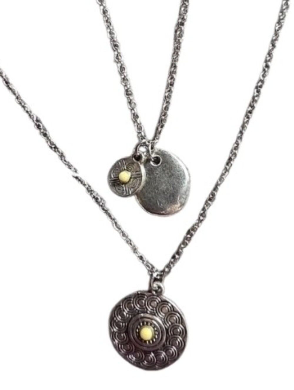 Silver Double-Layer Disc Pendant Necklace with Yellow Accent